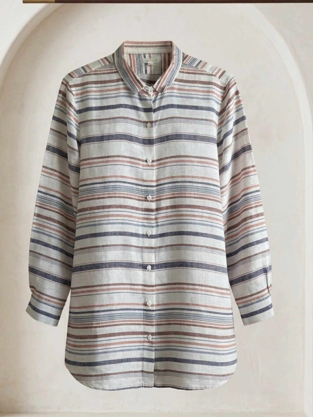 Garnet Hill Striped Linen-Blend Button-Up Shirt in Cream, Blue & Brown Size Lp‎